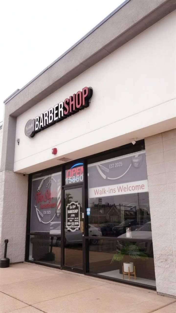 Top Style Barbershop storefront on Wolf Rd, with the BARBERSHOP sign and Walk-ins Welcome on the glass